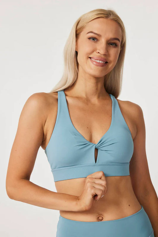 Luxe Front Twist Mesh Back Sports Bra - Light Blue