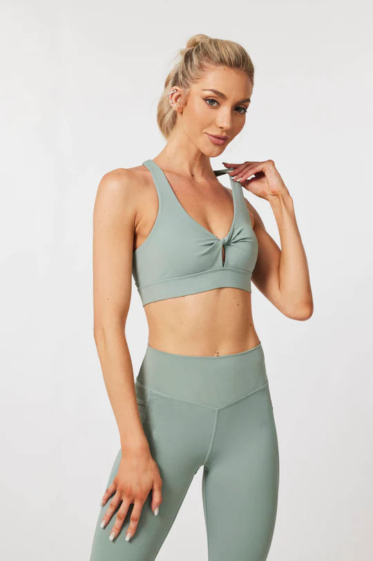 Luxe Front Twist Mesh Back Sports Bra - Sage Green