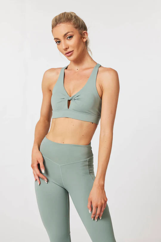 Luxe Front Twist Mesh Back Sports Bra - Sage Green